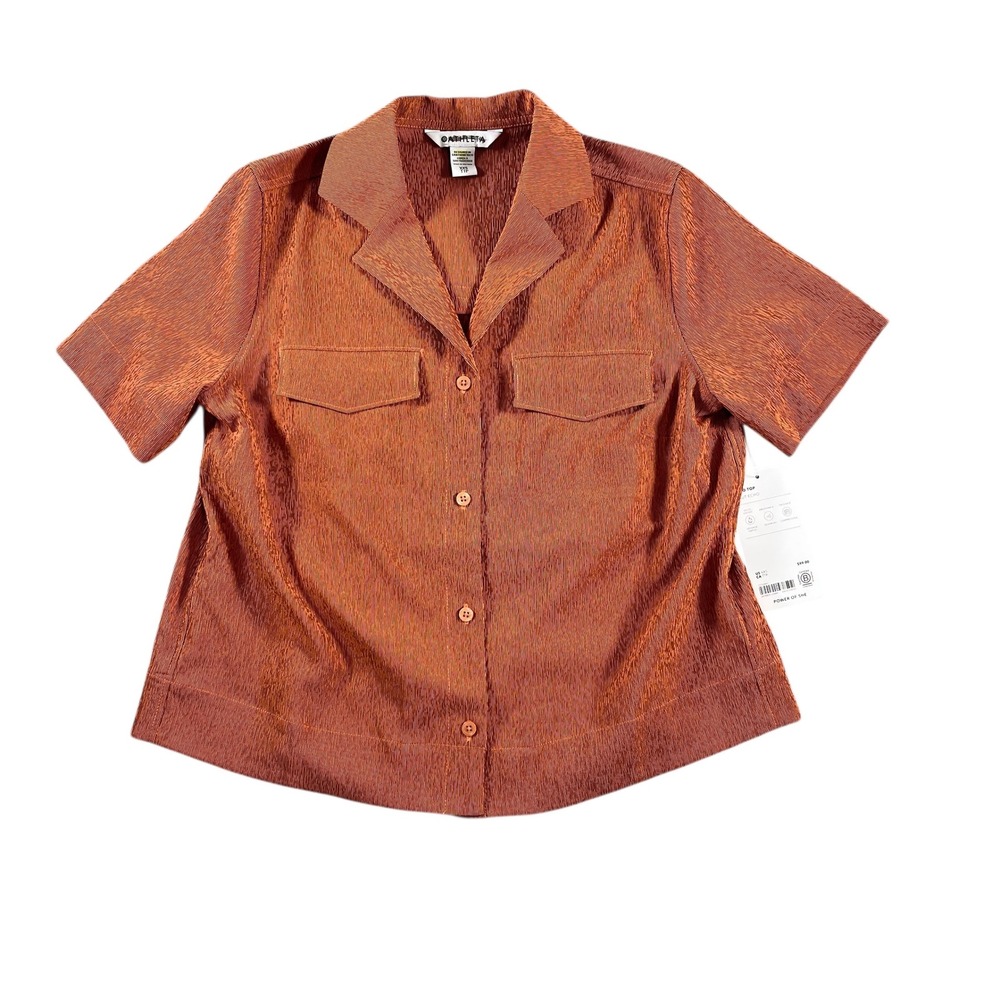 Athleta NWT Echo Top Size XXS Burnt Orange Short Sleeve Button Up Collared Shirt